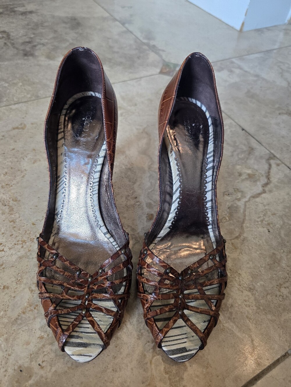 GIORGIO ARMANI: Brown, Leather Peep-Toe "Alligator" Heels size 38.5  $725